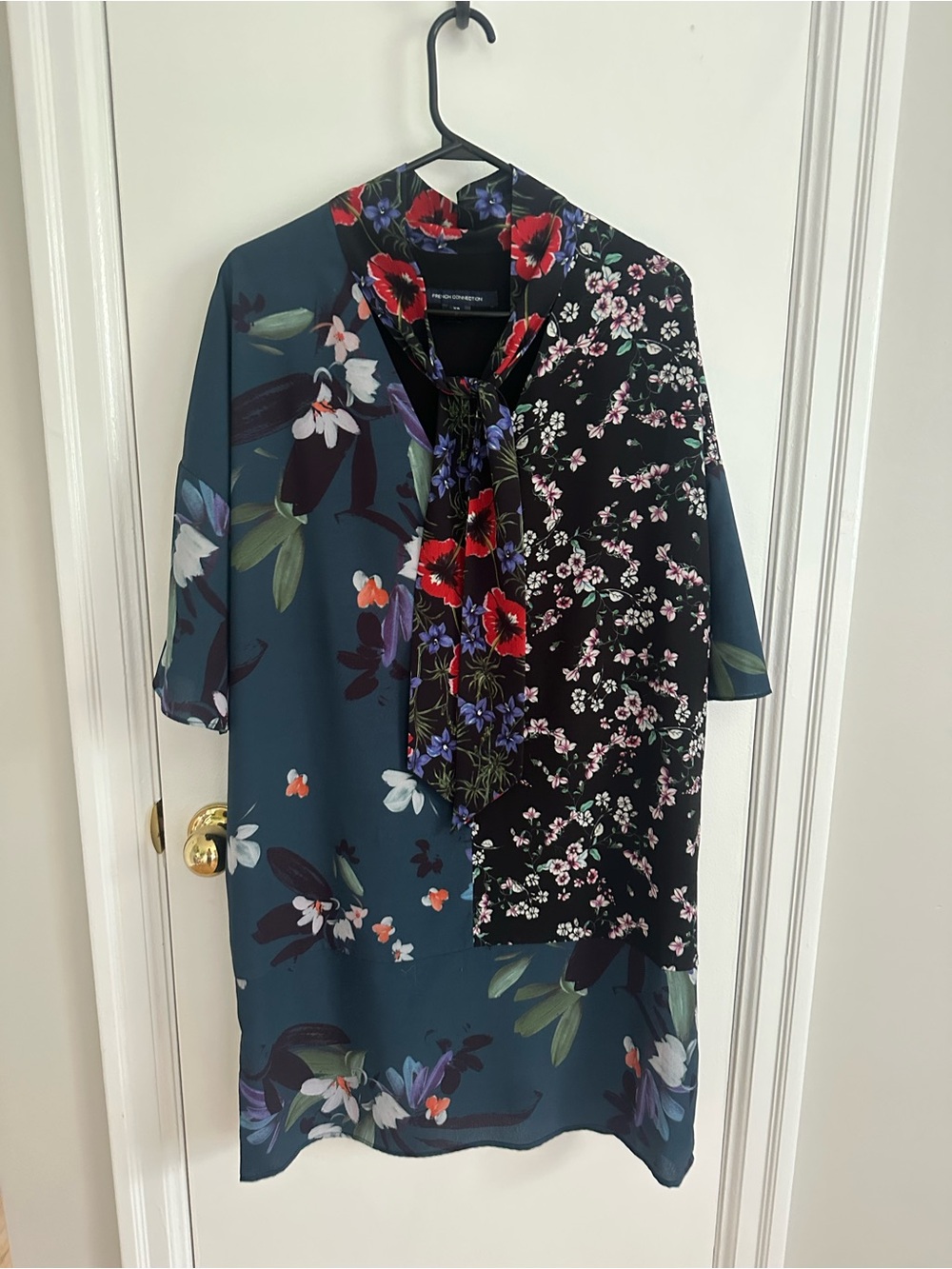 French Connection Floral Tie-Neck Dress - Teal & Black